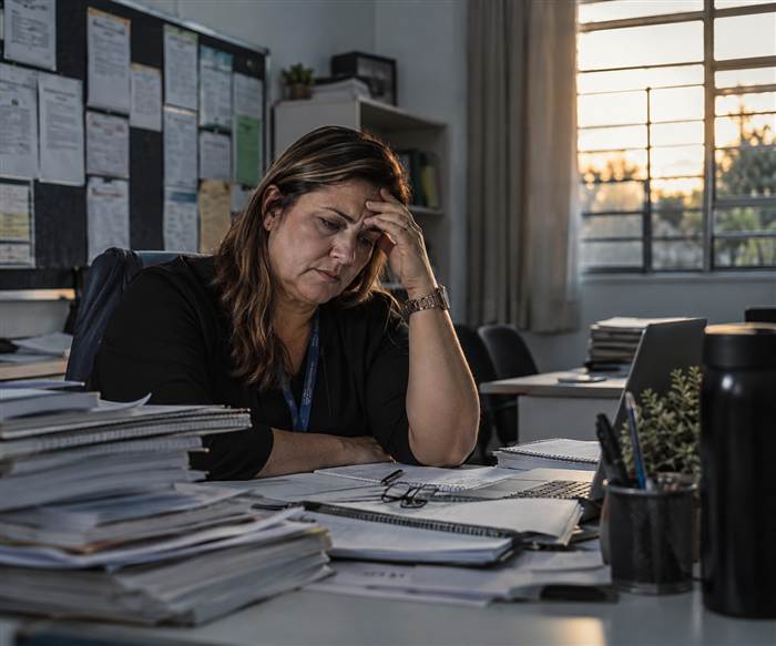 Gestora escolar sobrecarregada, cercada de papéis, decidindo tudo sozinha
