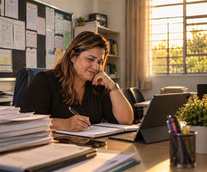 Gestora escolar com clareza, organizando prioridades com tranquilidade