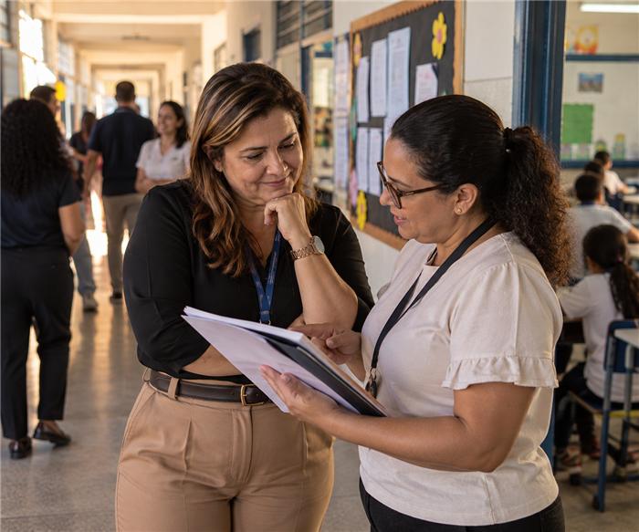 Diretora escolar conversando com colega de forma autônoma no corredor da escola